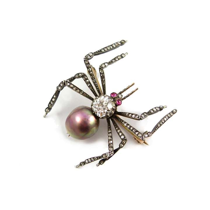 Coloured pearl, diamond and ruby spider brooch